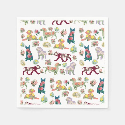 ヴィンテージ水彩花と犬のパターン スタンダードカクテルナプキン (正面)