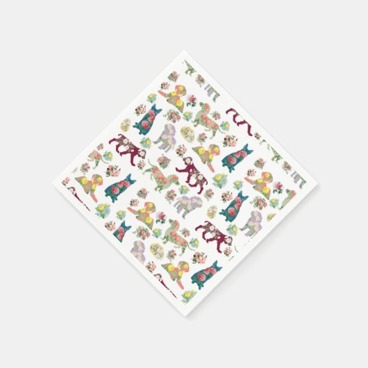 ヴィンテージ水彩花と犬のパターン スタンダードカクテルナプキン (角)