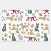 ヴィンテージ水彩花と犬のパターン ラッピングペーパーシート (正面3)