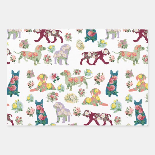 ヴィンテージ水彩花と犬のパターン ラッピングペーパーシート (正面3)