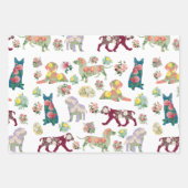 ヴィンテージ水彩花と犬のパターン ラッピングペーパーシート (正面2)