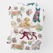 ヴィンテージ水彩花と犬のパターン ラッピングペーパーシート (インサイチュ)