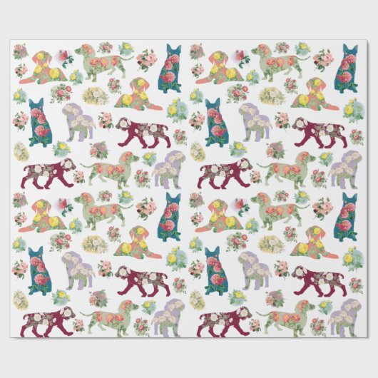 ヴィンテージ水彩花と犬のパターン ラッピングペーパー (フラット)
