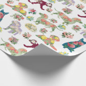 ヴィンテージ水彩花と犬のパターン ラッピングペーパー (角)