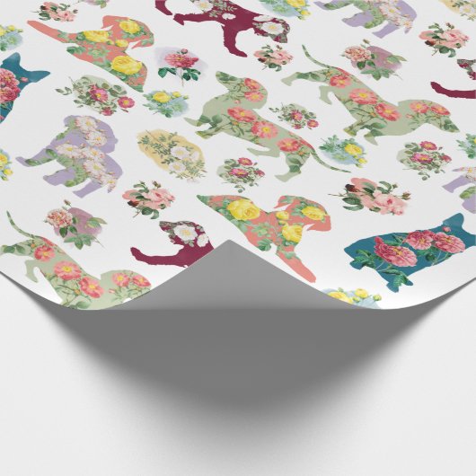 ヴィンテージ水彩花と犬のパターン ラッピングペーパー (角)