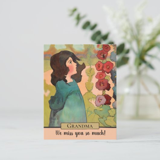 ヴィンテージ水彩花と蜂の少女 ポストカード (スタンド正面)