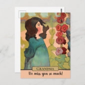 ヴィンテージ水彩花と蜂の少女 ポストカード (正面/裏面)