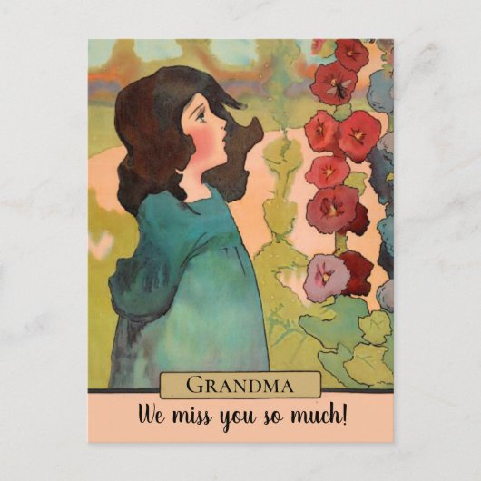 ヴィンテージ水彩花と蜂の少女 ポストカード (正面)