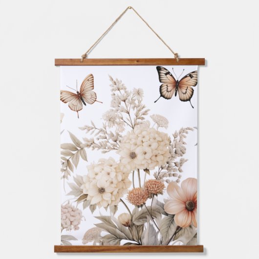 ヴィンテージ水彩花と蝶 吊り下げ型タペストリー (正面)