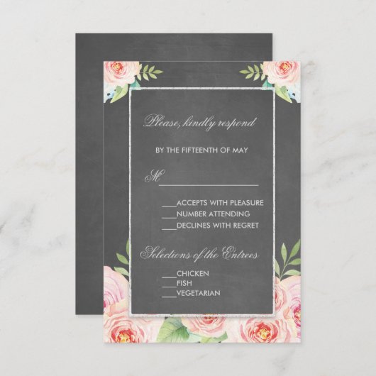 ヴィンテージ水彩花チョークウェディングRSVP 出欠カード (正面/裏面)