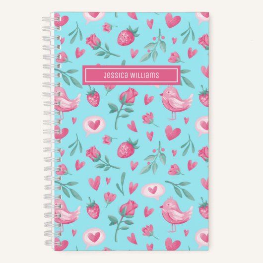 ヴィンテージ水彩花ピンクのバラと鳥の模様 ノートブック (正面)