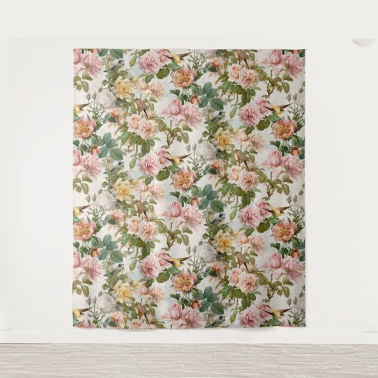 ヴィンテージ水彩花ピンク黄色鳥の結婚式 タペストリー (正面)