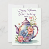 ヴィンテージ水彩花文ティーポット 国民的ホットティーの日 ノートカード (正面)