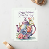 ヴィンテージ水彩花文ティーポット 国民的ホットティーの日 ノートカード (正面/裏面インサイチュ)