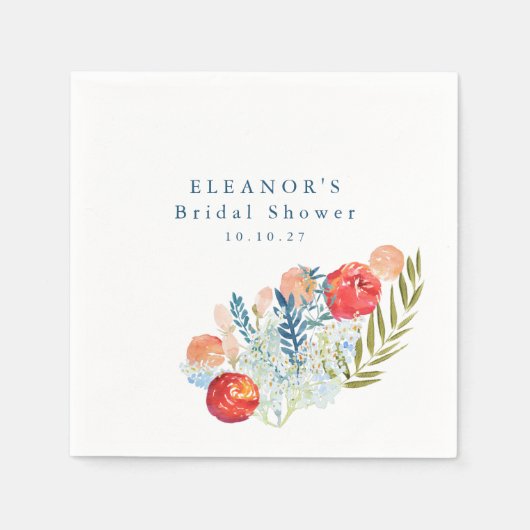 ヴィンテージ水彩花柄 ブルー レッドの花のウェディングシャワー スタンダードカクテルナプキン (正面)
