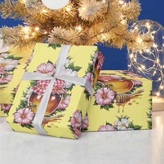 ヴィンテージ水彩蜂蜜の瓶の花の郷愁 ラッピングペーパー (クリスマス)