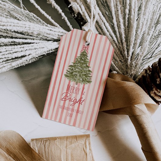 ヴィンテージ水彩赤いストライプクリスマスツリー ギフトタグ