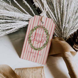 ヴィンテージ水彩赤いストライプクリスマスリース ギフトタグ