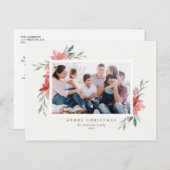 ヴィンテージ水彩赤ポインセチアのクリスマスフォト シーズンポストカード (正面/裏面)