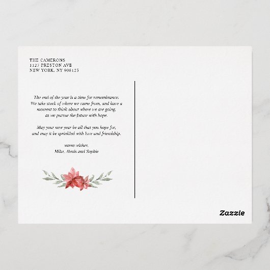 ヴィンテージ水彩赤ポインセチアのクリスマスフォト 箔シーズンポストカード (裏面)