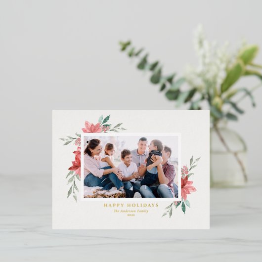 ヴィンテージ水彩赤ポインセチア写真 箔シーズンポストカード (立ち正面)