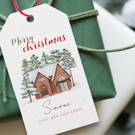 ヴィンテージ水彩赤緑クリスマスツリー ギフトタグ