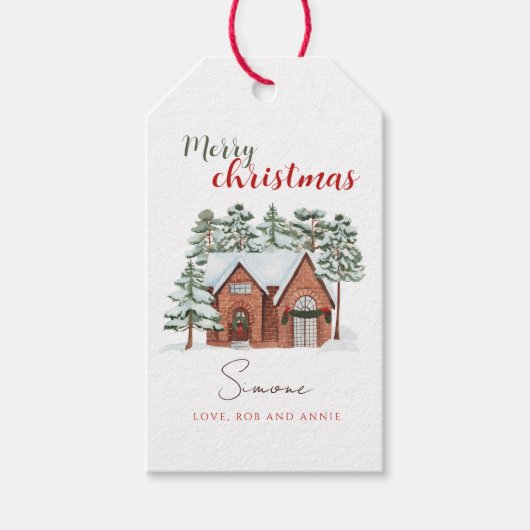 ヴィンテージ水彩赤緑クリスマスツリー ギフトタグ (正面)