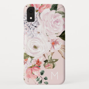 ヴィンテージ水彩赤面ピンク牡丹バラモノグラム iPhone XRケース