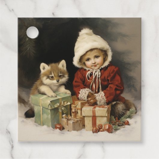 ヴィンテージ水彩野生生物チャイルドクリスマスプレゼント フェイバータグ (正面)