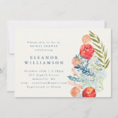 ヴィンテージ水彩青赤花柄ブライダルシャワー 招待状 (正面)