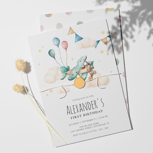 ヴィンテージ水彩飛行機の誕生日パーティー 招待状