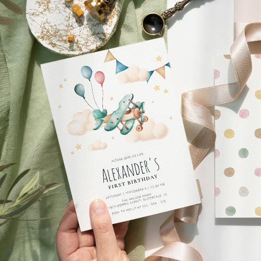 ヴィンテージ水彩飛行機の誕生日パーティー 招待状