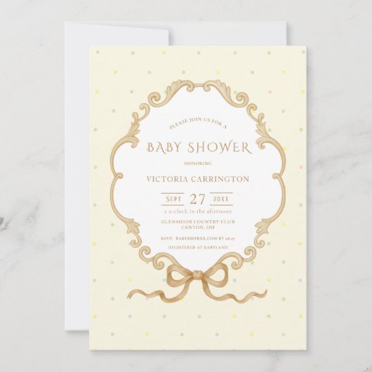 ヴィンテージ水玉模様イエローウォーター色ベビーシャワー 招待状 (正面)