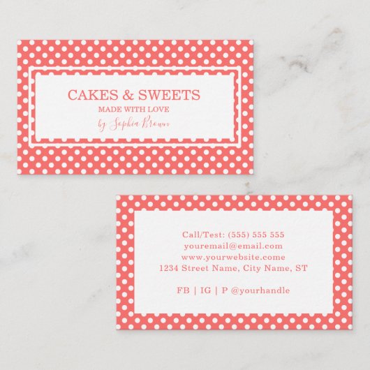 ヴィンテージ水玉模様ベーカリーとスイーツ 名刺 (正面/裏面)