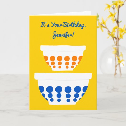 ヴィンテージ水玉模様ミキシングボウルカスタム誕生日 カード (黄色い花)