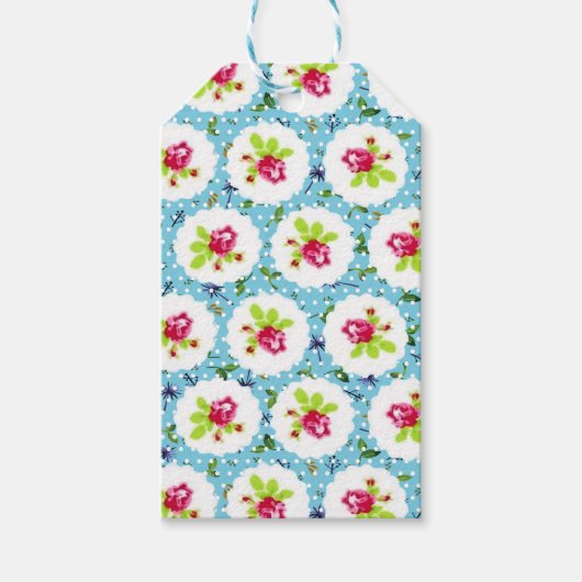 ヴィンテージ水玉模様緑の赤いバラの花 ギフトタグ (正面)