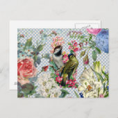 ヴィンテージ水玉模様鳥カラフルの花 ポストカード (正面/裏面)