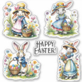 ヴィンテージ水色お洒落フローライースターバニー シール (正面)