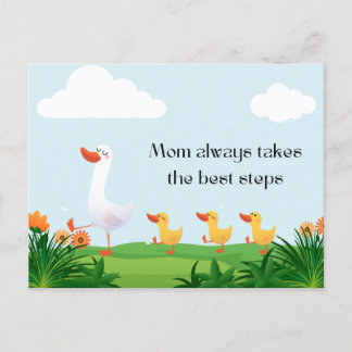 ヴィンテージ水色かわいい母カモと子供たち シーズンポストカード
