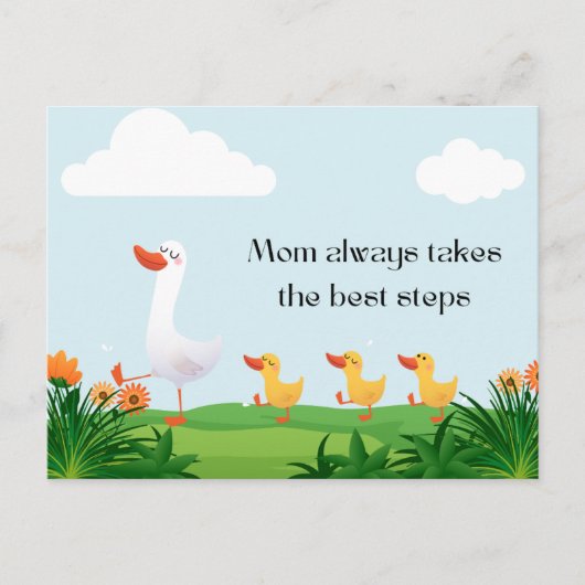 ヴィンテージ水色かわいい母カモと子供たち シーズンポストカード (正面)