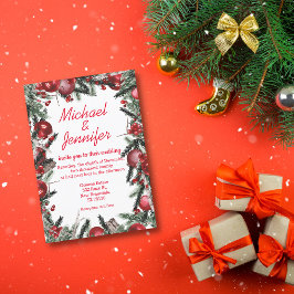 ヴィンテージ水色のクリスマスグリーン結婚リー赤 招待状