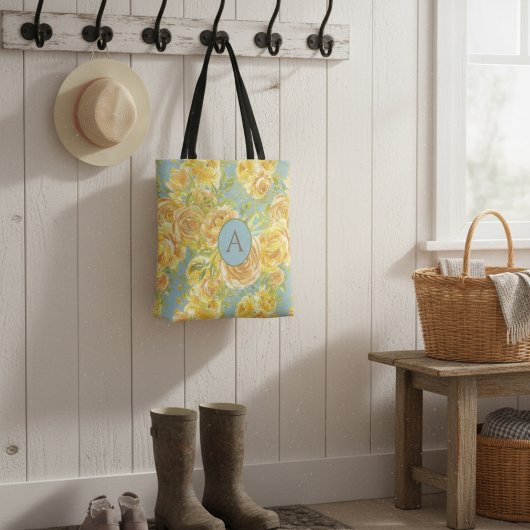 ヴィンテージ水色イエローモノグラムバラパターン トートバッグ