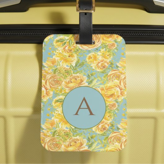 ヴィンテージ水色イエローモノグラムバラパターン ラゲッジタグ