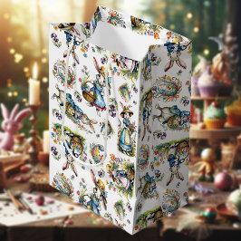 ヴィンテージ水色イースターバニーフローラルパターン ミディアムペーパーバッグ