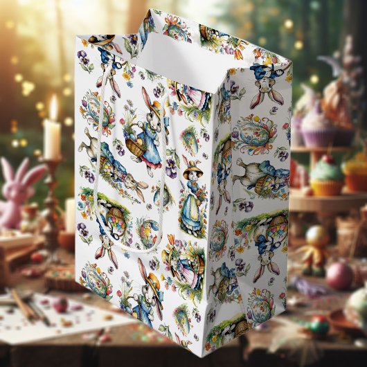 ヴィンテージ水色イースターバニーフローラルパターン ミディアムペーパーバッグ