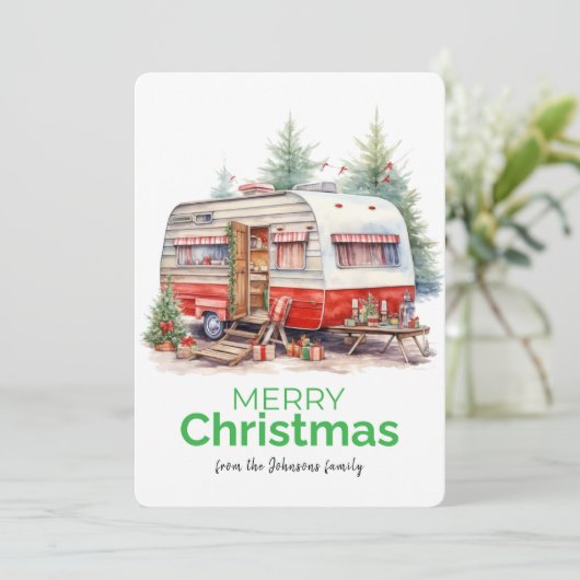 ヴィンテージ水色キャンパーメリークリスマス シーズンカード (スタンド正面)