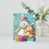 ヴィンテージ水色クマ雪だるまクリスマスジョイ シーズンポストカード (スタンド正面)