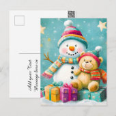 ヴィンテージ水色クマ雪だるまクリスマスジョイ シーズンポストカード (正面/裏面)