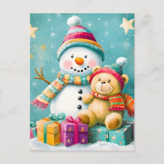 ヴィンテージ水色クマ雪だるまクリスマスジョイ シーズンポストカード (正面)