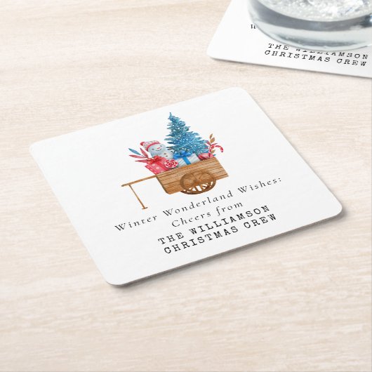 ヴィンテージ水色クリスマスキャリッジパーソナライズ スクエアペーパーコースター (アングル)